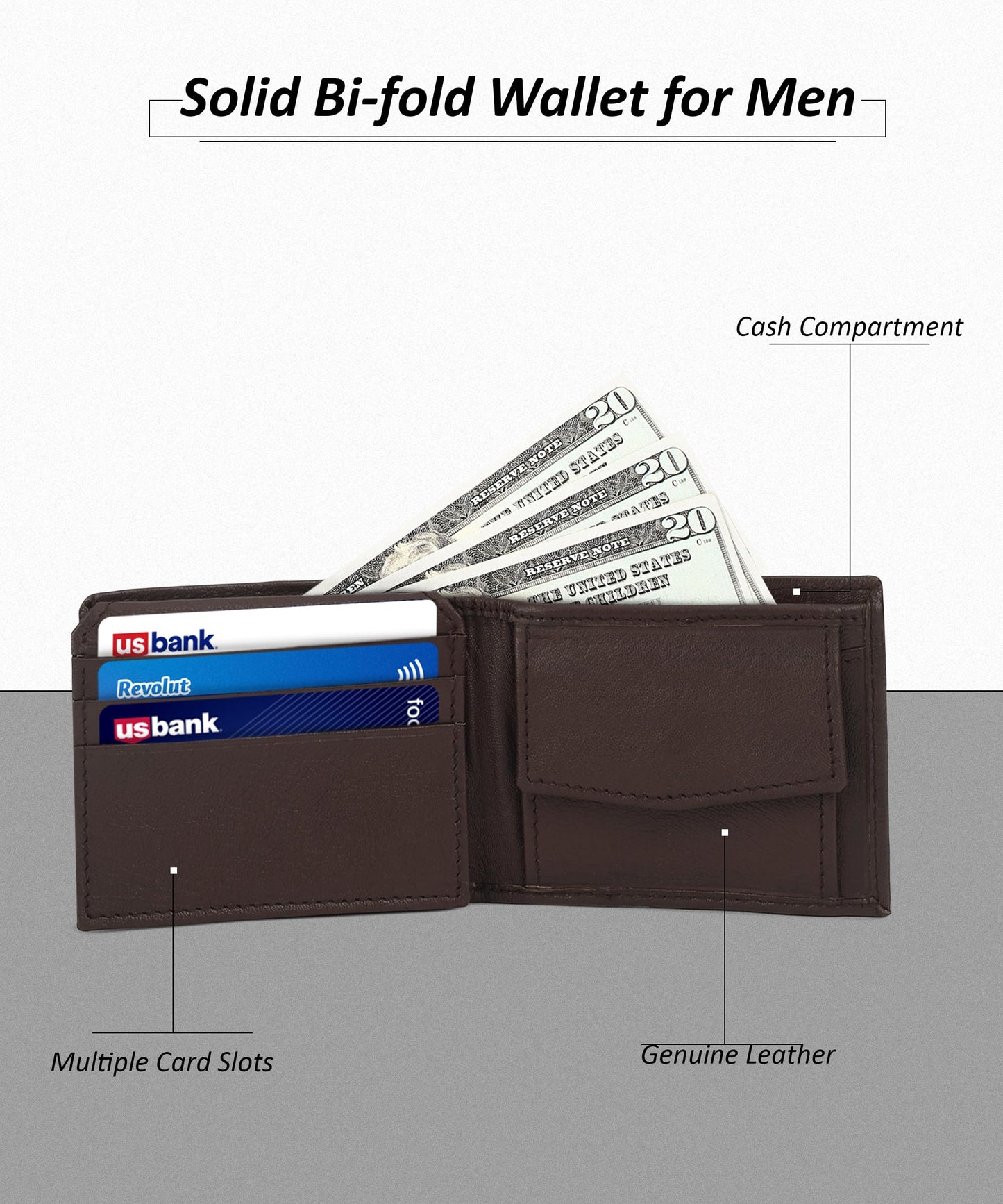Leatherboss Leather Boys Slim Compact Flap Id Coin Pocket Bifold Wallet with debit credit card holder, Dark Brown