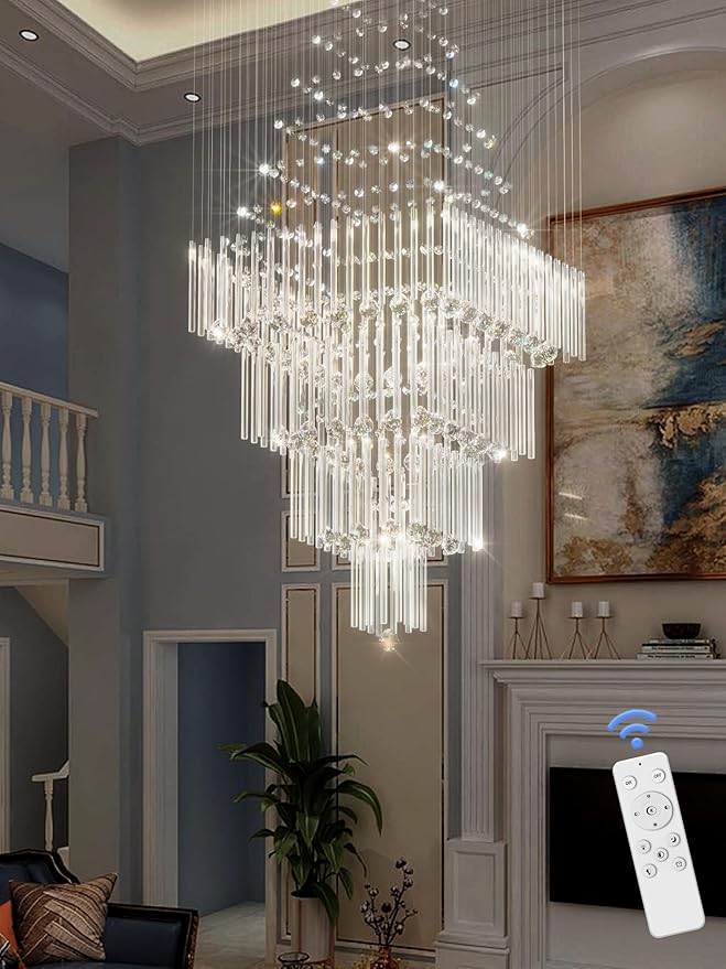 D32''X H110'' High Ceiling Chandelier Crystal Raindrop Chandeliers Staircase Large Chandelier Villa Entrance Foyer Hanging Light High Ceiling Pendant Light Fixture with LED Dimmable