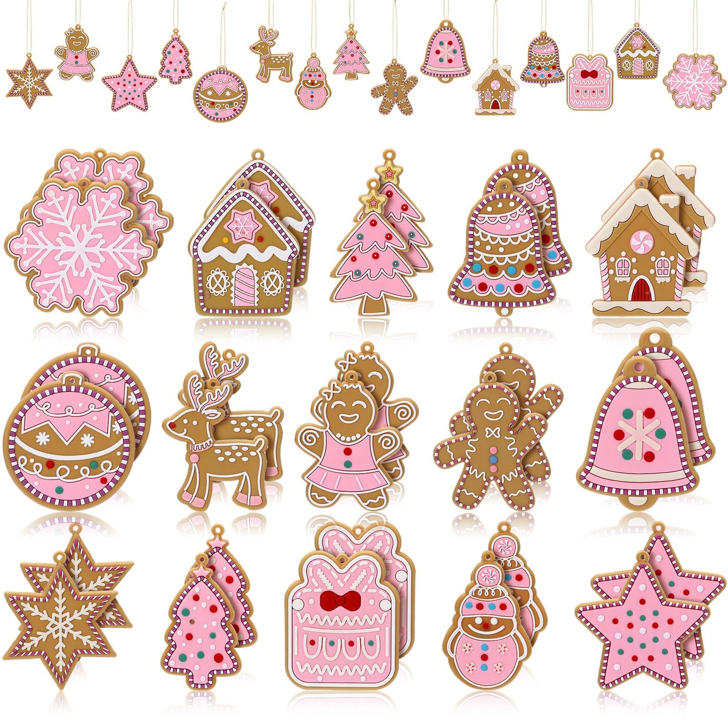 Vertintong 30 Pcs Pink Christmas Gingerbread Hanging Ornaments Pastel Gingerbread Ornaments Soft PVC Christmas Tree Wall Hanging Decoration for Xmas Party Office Home Decor Winter