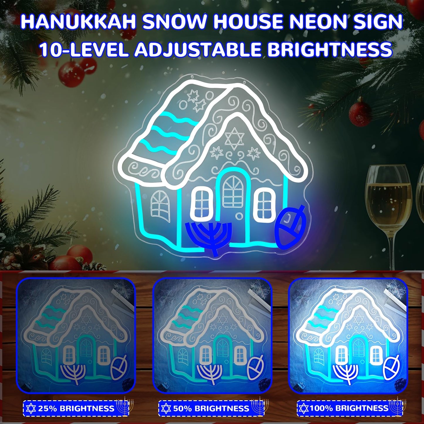 hhuohuona Hanukkah Neon Sign Hanukkah Gingerbread House Light Up Sign Dimmable Chanukah Decorations Jewish Gifts Star of David & Dreidel & Menorah Led Signs for Wall