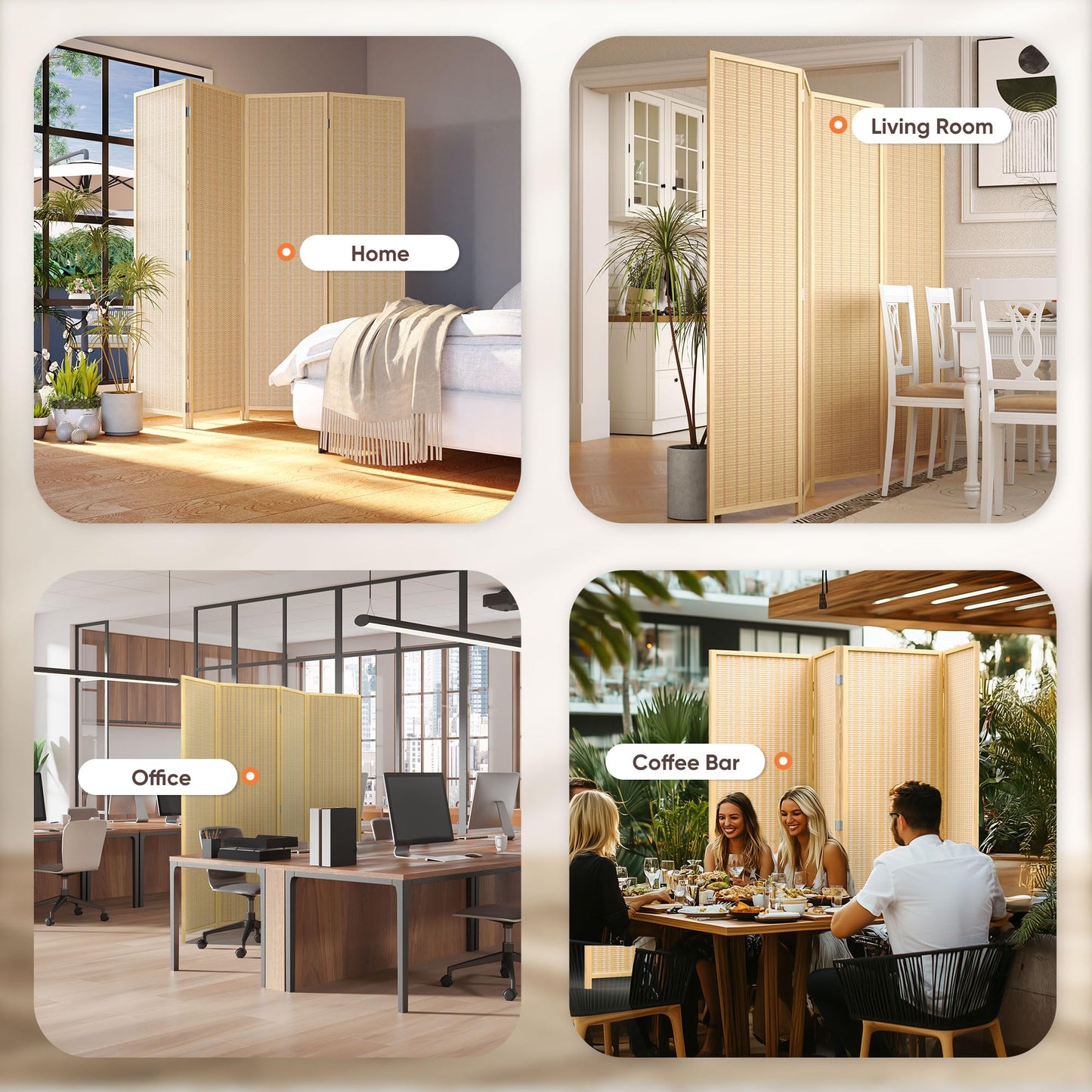JOSTYLE Room Divider 4 Panel Folding Privacy Screen, Bamboo Room Divider Screen - 6 ft. Tall Wall Divider for Room Separation Freestanding Partition Separators, Beige, 70.9" H x 79.9" W