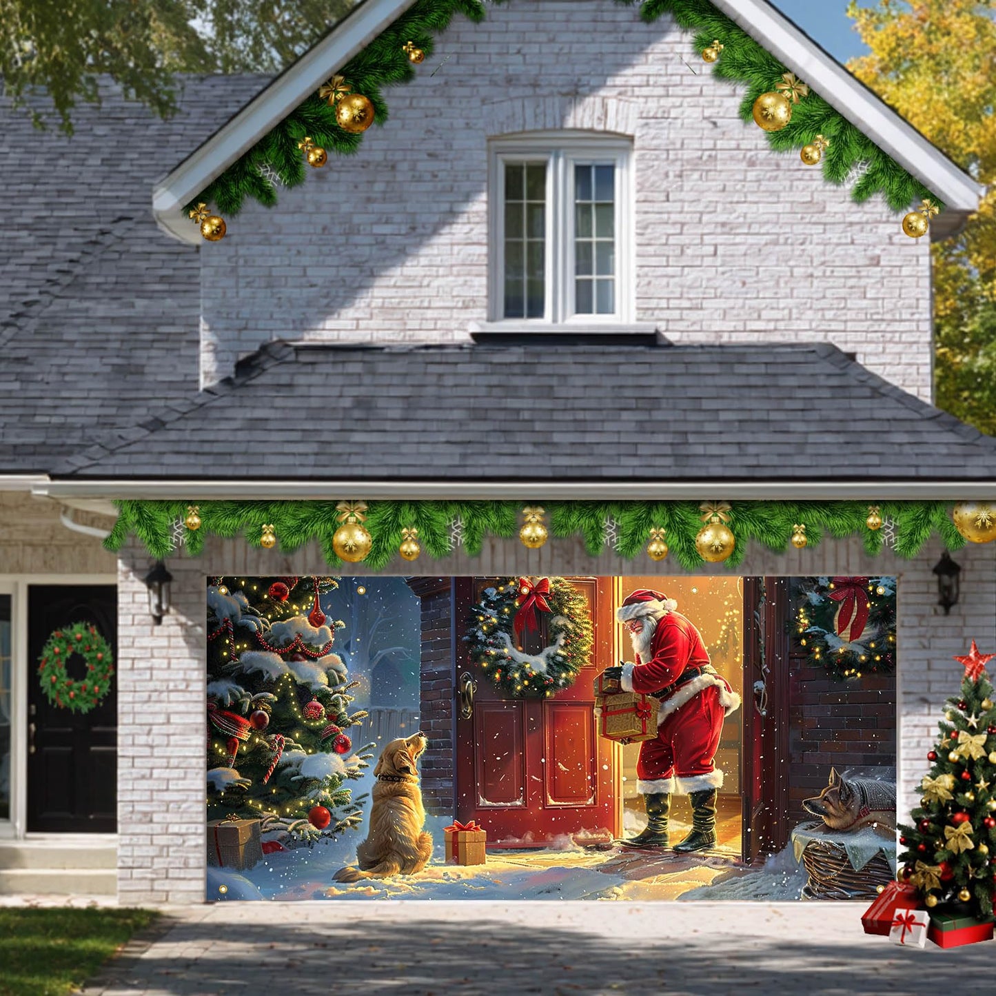 HOMETITUTE Christmas Garage Door Banner 13x6ft Santa with Dogs Gift Scene Holiday Porch Backdrop Red Green Warm Glow Winter Snow Party Decoration Indoor Outdoor Seasonal TreeWall