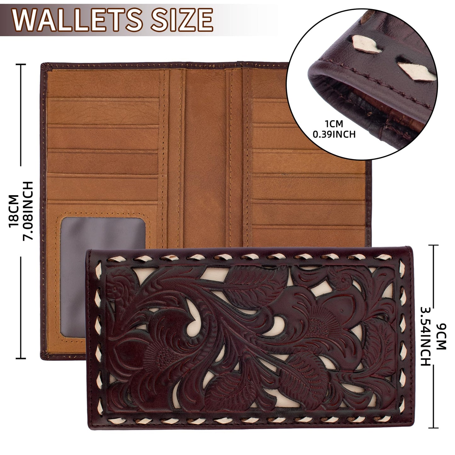 MUXILING Men's Rodeo Wallet Western RFID-Blocking Leather Wallet Bifold Long Cowboy Long Wallets With Floral Inlay Buckstitch