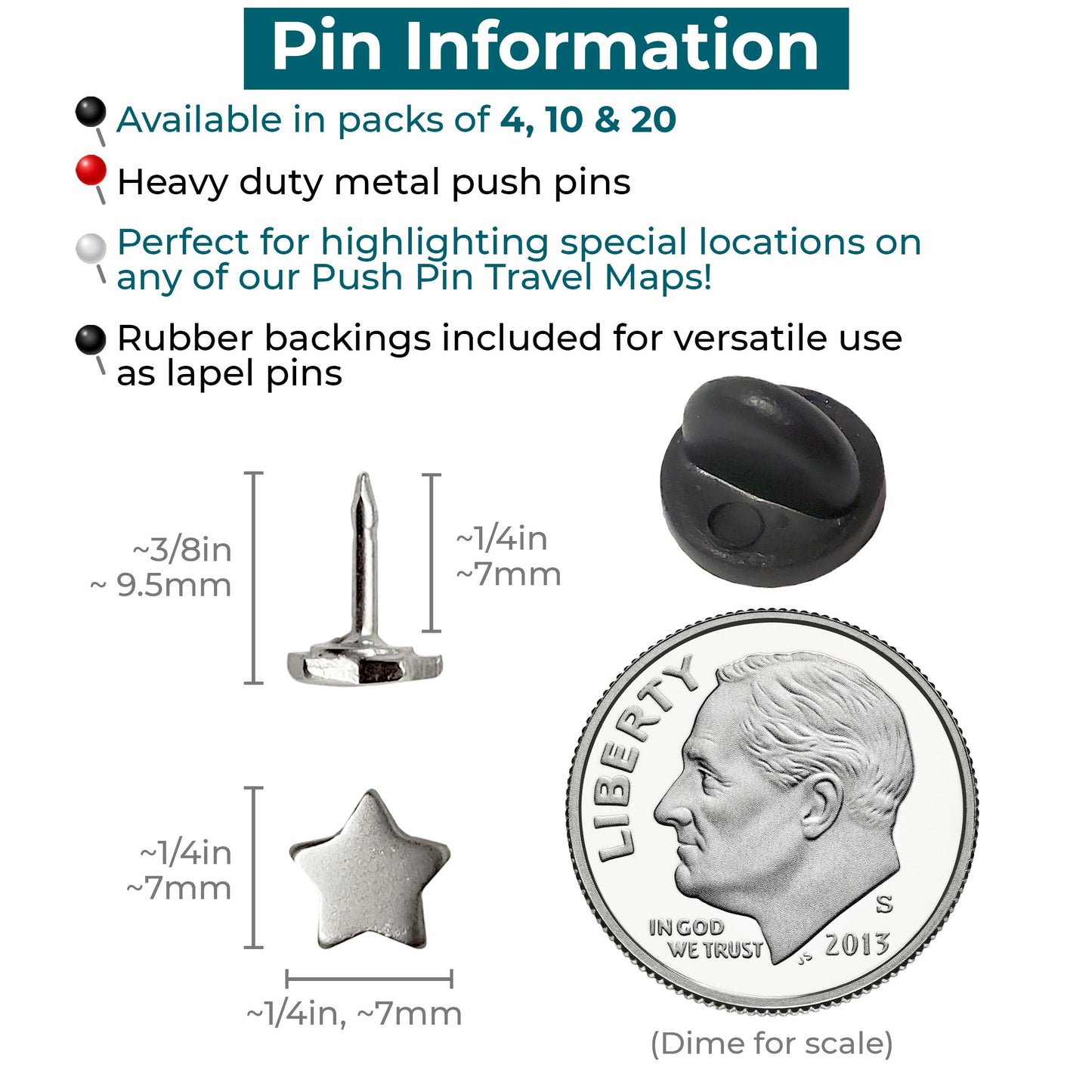 Mini Star Push Pins - Silver Mini Star Pins - for Cork Board, Maps, or Lapel Pin Use - Designed in USA - Set of 20