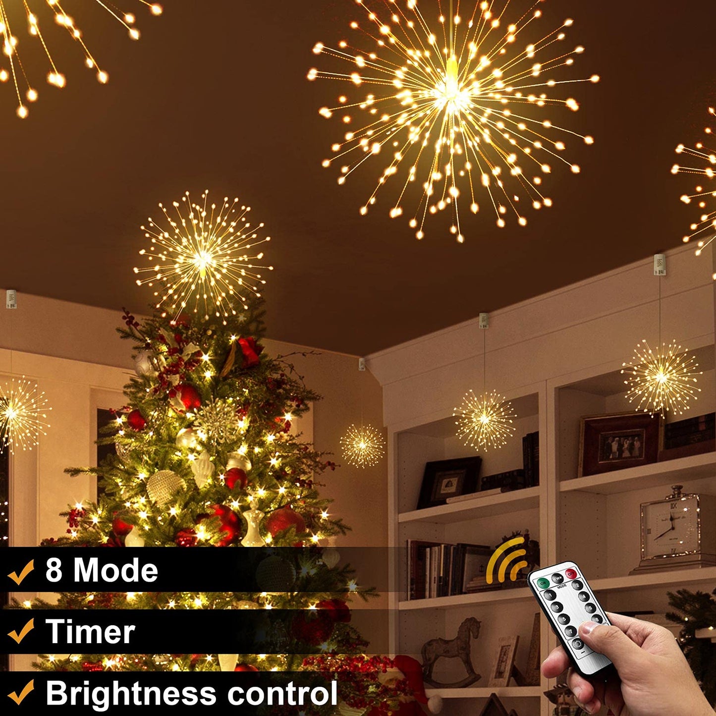 DenicMic Firework Starburst Lights 3200K Warm White 8 Mode LED Battery Operated Chandelier Star Lights with Remote, Hanging Decorations Indoor Outdoor