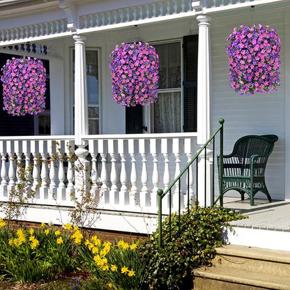 Artificial Faux Fall Hanging Flowers Plants Baskets for Outdoor Outside, Fake Silk Dark Purple Fuchsia Daisy Mums Trailing Vines in Planter Realistic UV Resistant for Balcony Porch Decor
