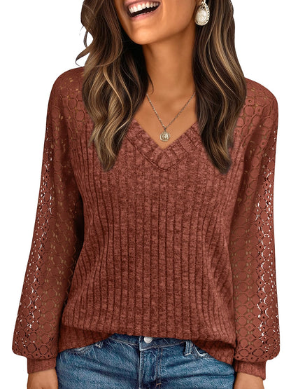 AUTOMET Women Long Sleeve Shirts Fall Lace Tops 2025 Fashion V Neck Sweaters Dressy Casual Winter Tunic Blouse Trendy Outfit