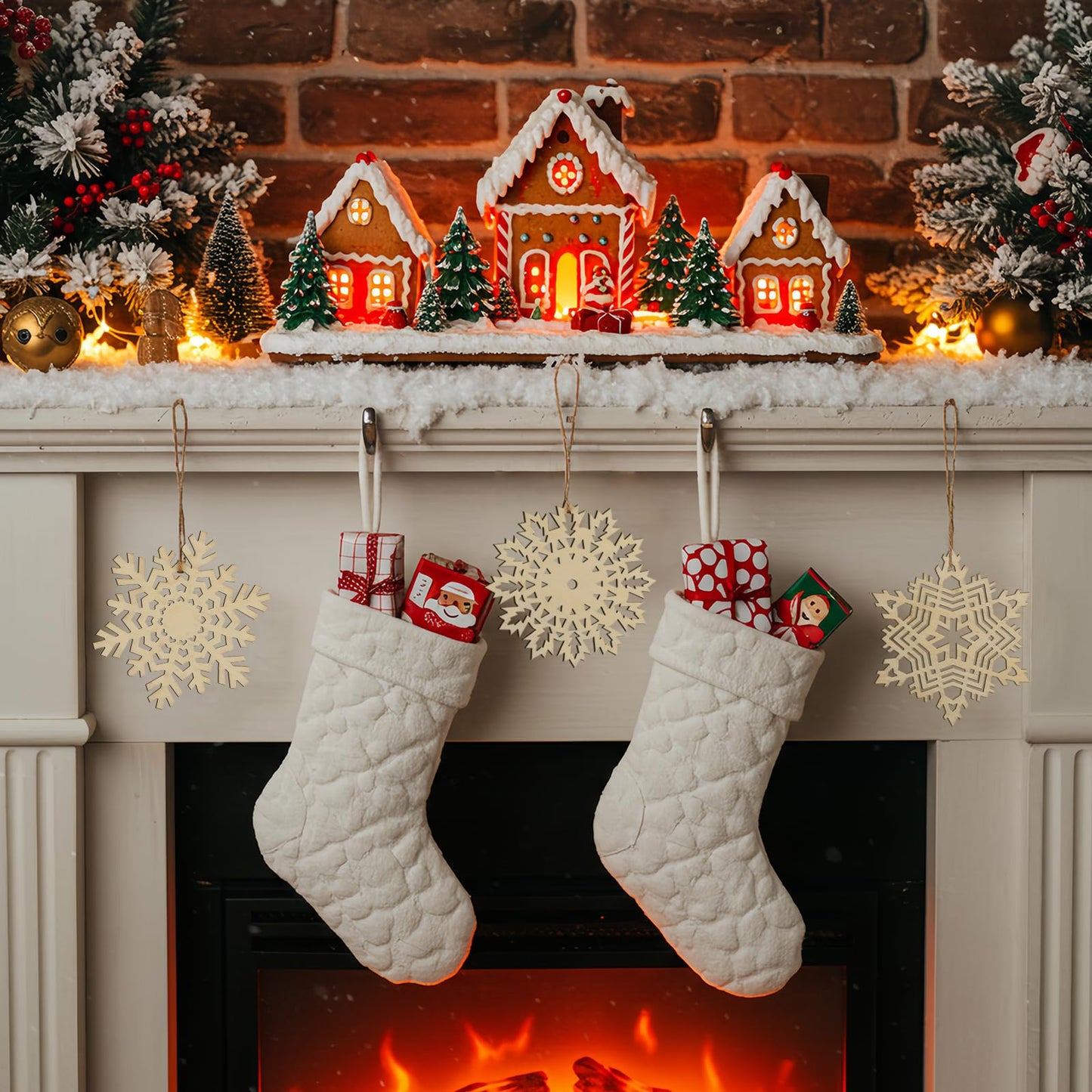 N&T NIETING 27pcs Wooden Snowflakes Shaped Embellishments Hanging Ornaments for Christmas Decoration