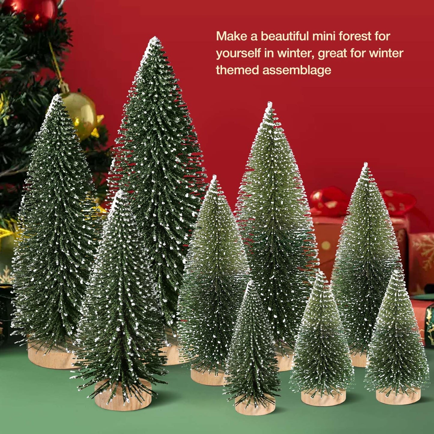 9Pcs Mini Christmas Trees Christmas Decor Artificial Christmas Decorations with 4 Sizes, Christmas Tree Bottle Brush Trees Christmas Table Decorations (Dark Green Two-Tone)