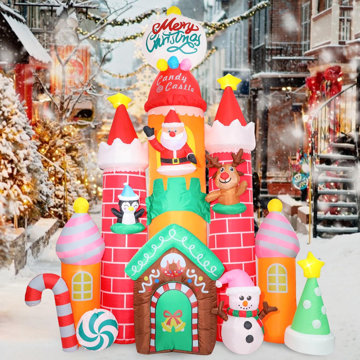Christmas Inflatables Outdoor Decoration Castle - 10FT Inflatable Christmas Castle with Snowman Penguin Reindeer Giant Outdoor Indoor Blow Up Airblown LED Light Yard Lawn Garden Home