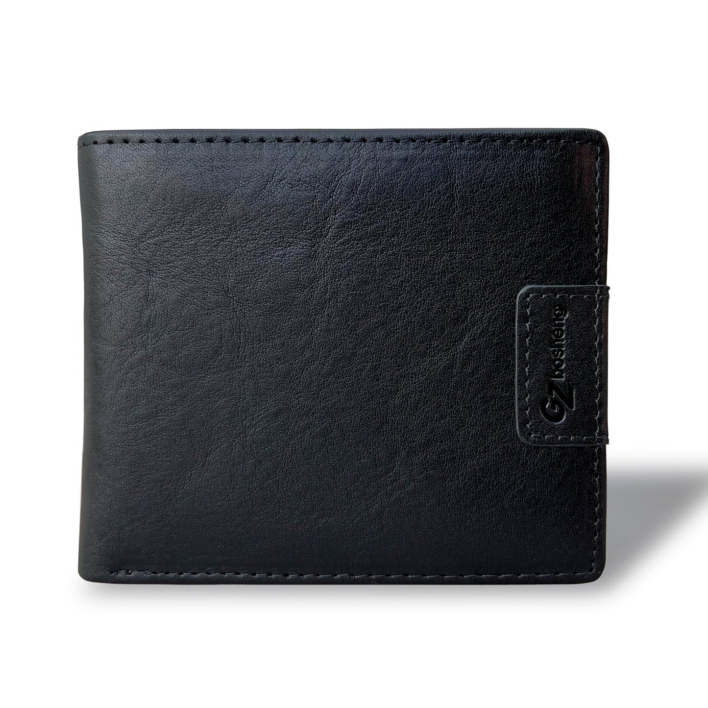 GZBOSHENG Mens Genuine Leather Bifold RFID Blocking Wallet for Men with 2 ID Window 9 Card Holders 2 cash pockets,Includes Gift Box for Father (Black)