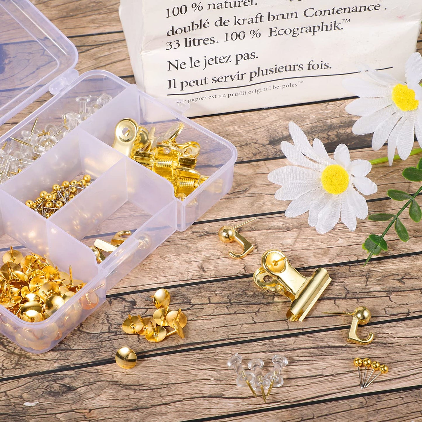 310 Pcs Gold Push Pins Set Thumb Tacks Decorative Push Pins for Cork Board with Push Pin Hook Pushpin Clip 5 Style Office Accessories for Cork Board Map Office (Gold)