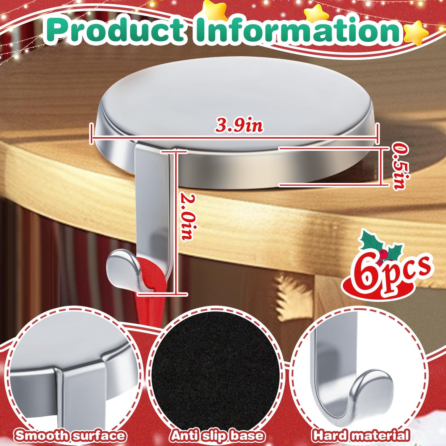 WYTAOHZL 6 Pack Christmas Stocking Holder Round Mantle Stocking Holders with Non-Slip Bases Metal Hanging Hooks for Christmas Fireplace Stand DIY Decoration,Silver