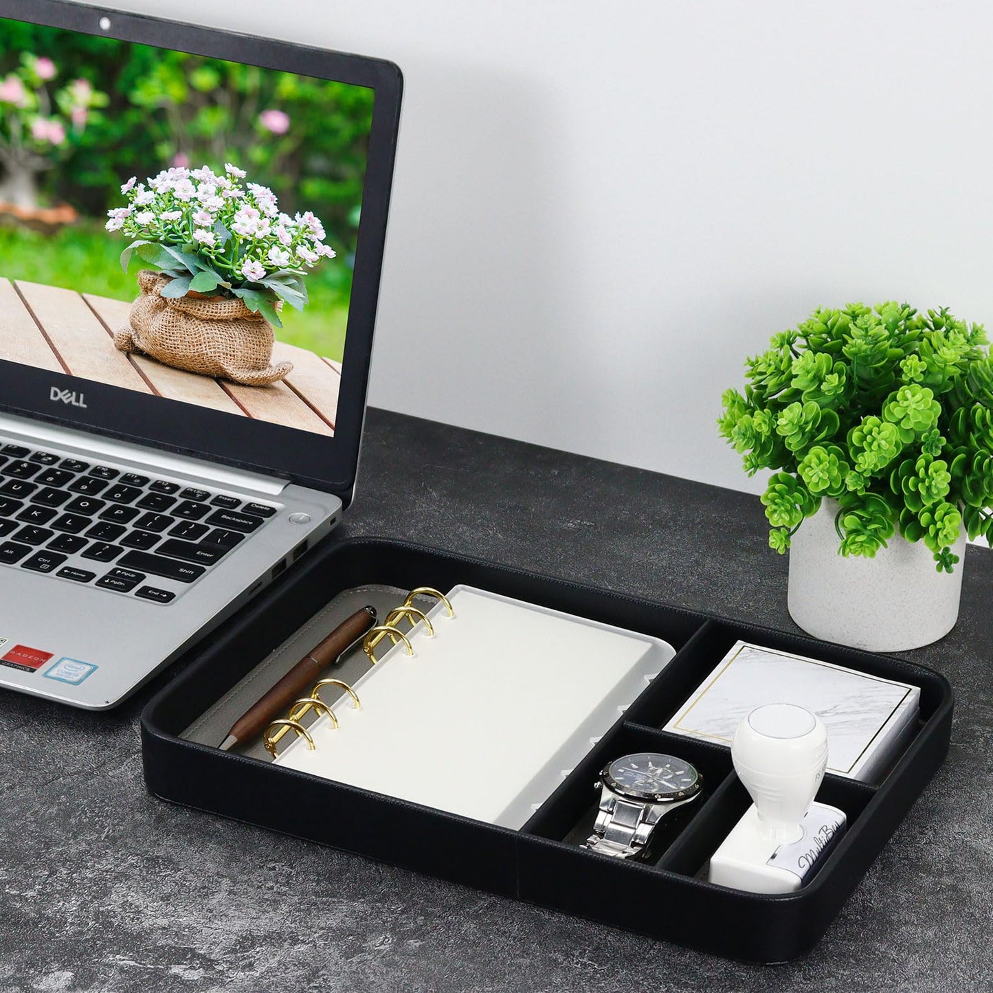 MultiBey Vegan Leather Valet Tray - 4-Compartment EDC Catchall Tray for Nightstand & Entryway Table - Minimalist Desk Organizer for Keys, Wallet, Watch, Phone & Jewelry Black