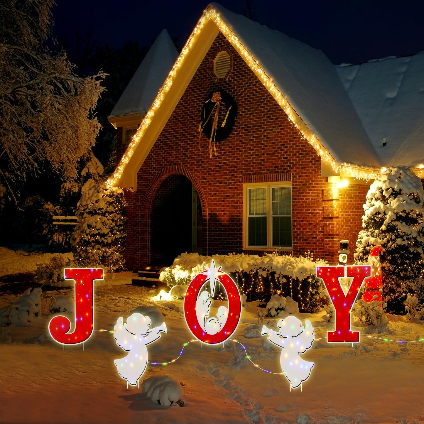 Christmas Joy Nativity Scene Yard Sign with LED String Light Decorations Large Xmas Nativity Lawn Religious Scenes Yard Signs with Stakes for Christmas Eve Night Holiday Xmas Home Outdoor Garden Decor