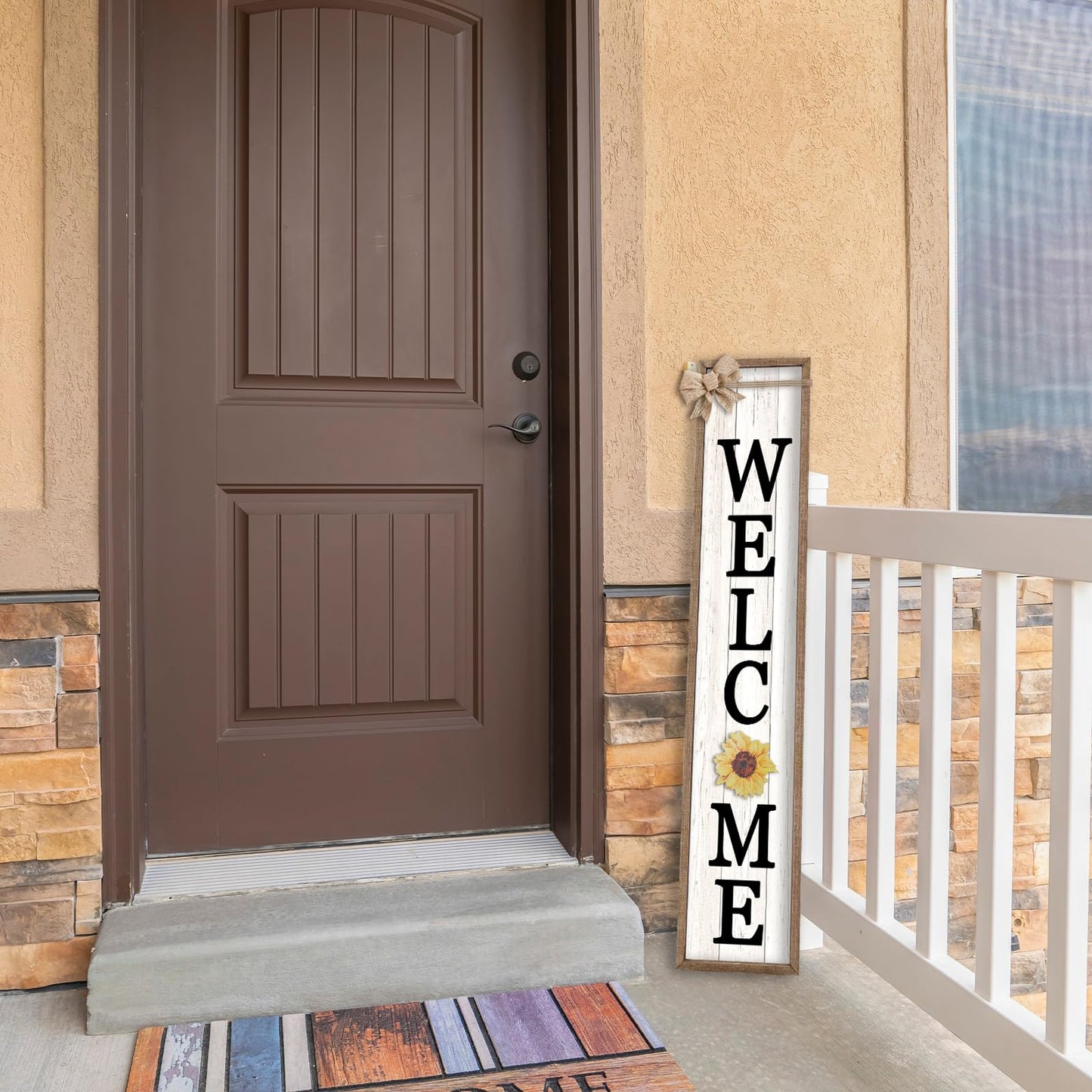 LuZhiQiang Front Porch Welcome Sign for Interchangeable Standing 45"X9" With 12 Pcs Replaceable Icons Wood Frame Signs Outdoor Front Door Decor (Wood White)
