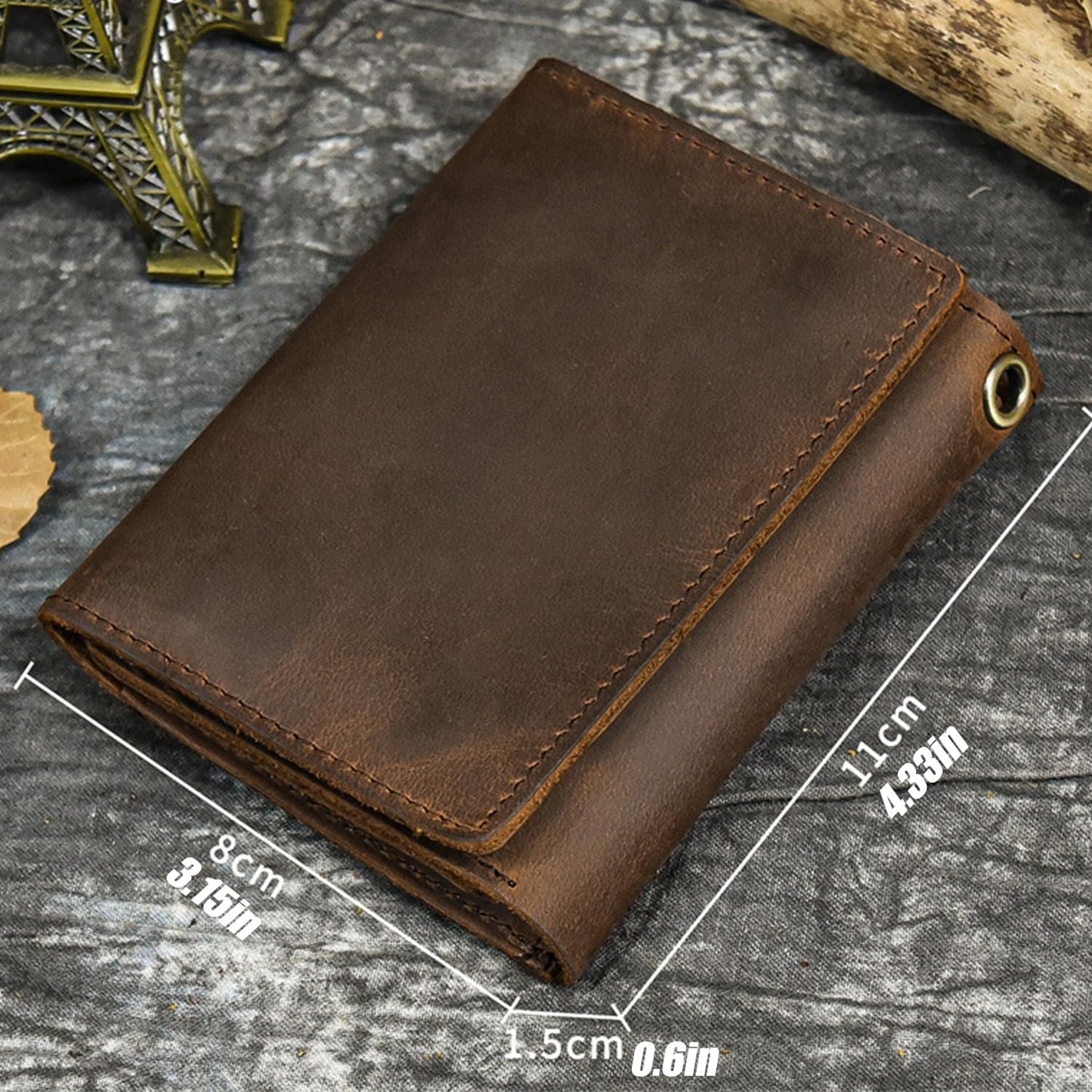 WBQMUNY Men's Tri-fold Vintage Biker Cowhide Top Grain Leather Steel Chain Wallet, Chain Wallets for Men Cow Leather Wallet, Snap Closure