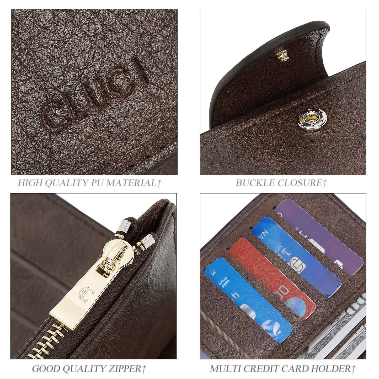 CLUCI Women Wallet Leather RFID Blocking Designer Trifold Card Holder Ladies Clutch with ID Window Oil wax Two-toned Coffee