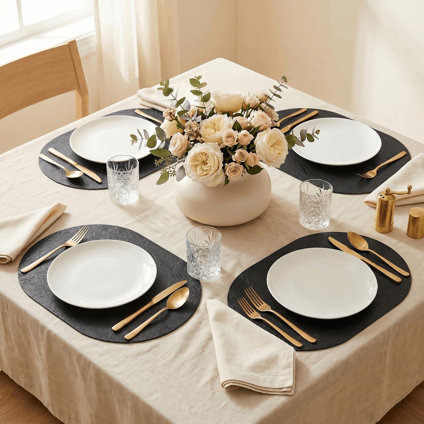 Artoid Mode Black Faux Leather Oval Placemats Set of 6, 12 x 18 Inch Waterproof Wipeable Heat Resistant Vinyl Place Mats, Reversible Table Mats for Kitchen Dining Decor