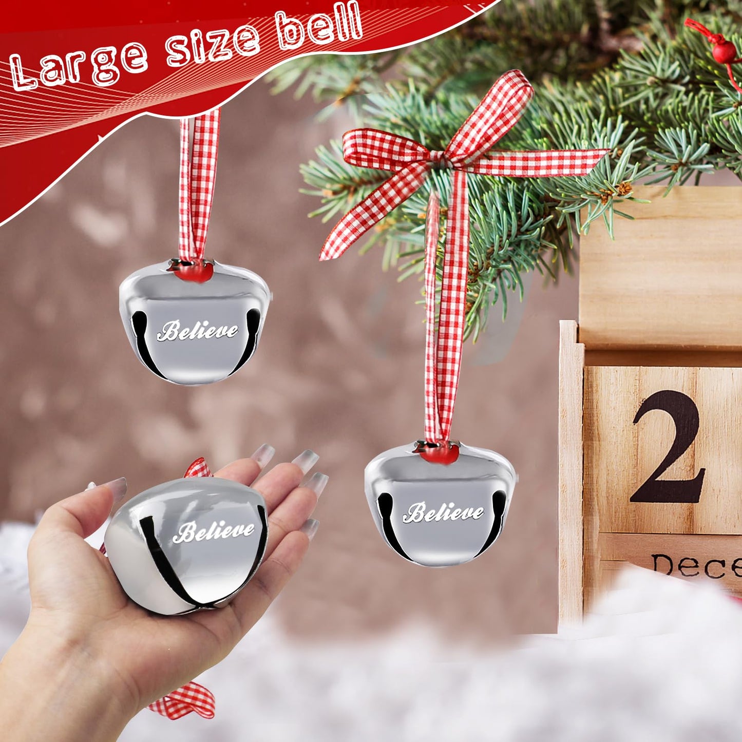 4 Set Polar Express Decorations Gift Box, Christmas Believe Bell Ornaments, 2.3" x 2.7" Sleigh Bell with Personalized Train Ticket and Red Bag