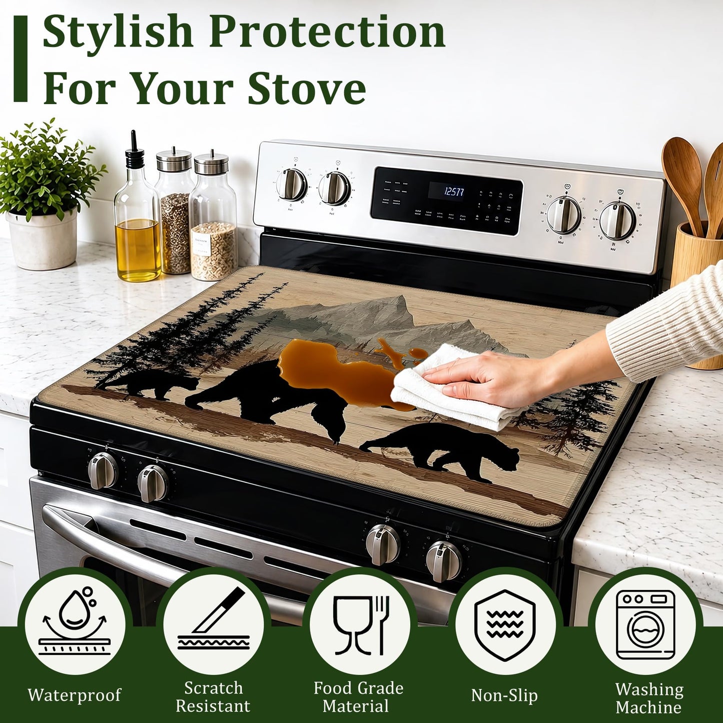 Bear Stove Top Cover Glass Cooktop Heat Resistant Cover,Mountain Forest Ceramic Stove Top Covers Mat Prevents Scratching Stoves/Counter/Washer Protector,28.5x20.5 in