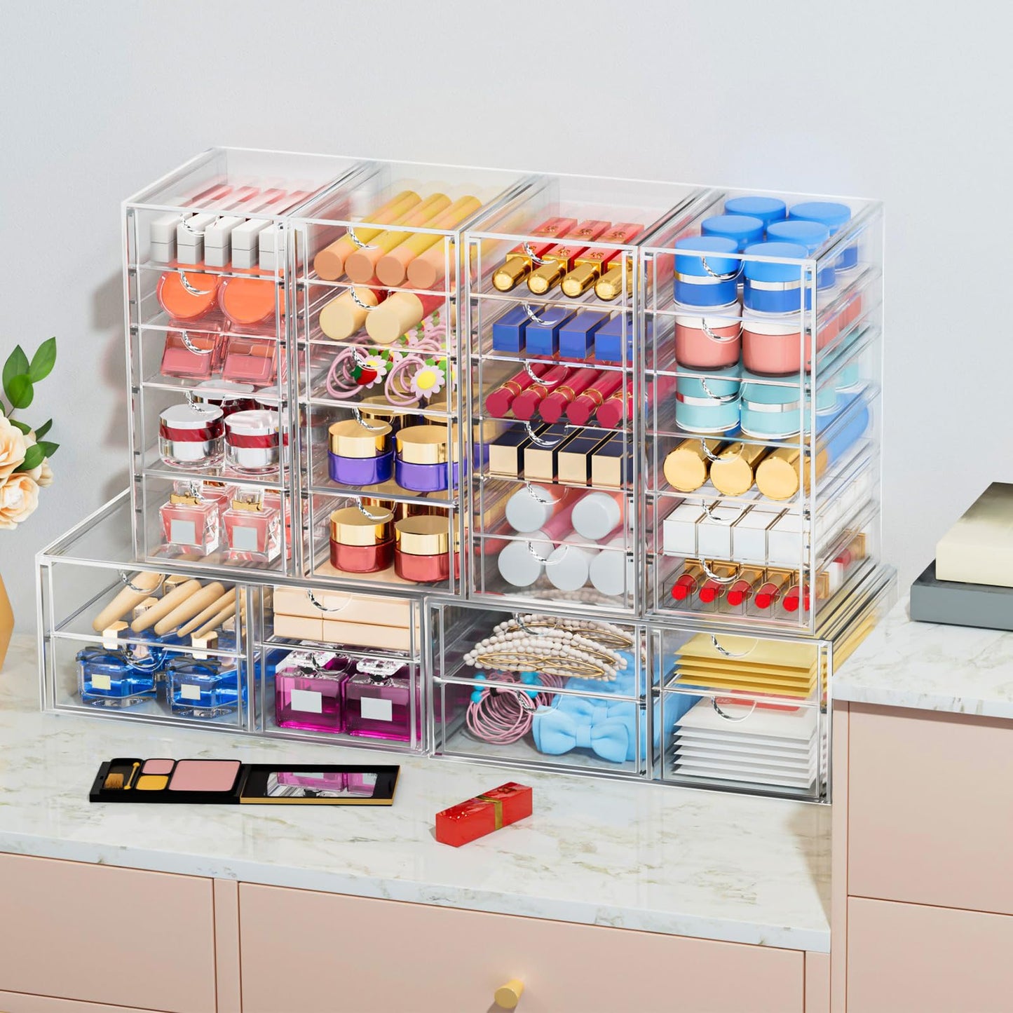 caktraie Desk Organizers And Accessories With 22 Drawers, 4 Pack Office Desktop Drawers, Plastic Makeup Organizer Containers Bins With Drawers Desk Organization, Bathroom Organizers Storage Case Box