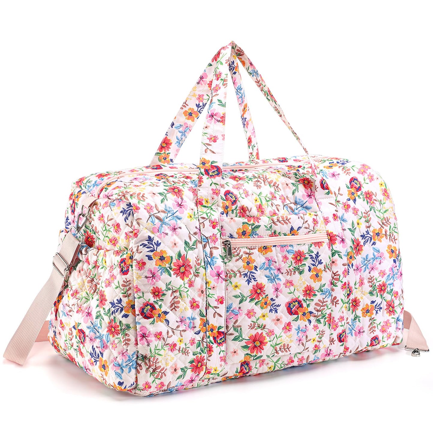 Dansydaisy Large Quilted Travel Duffle Bag for Women Floral Portable Gym Weekender Bag with Zipper Pockets Workout Grocery Pouch Duffle Gift Pouch for Work(Pink Floral)