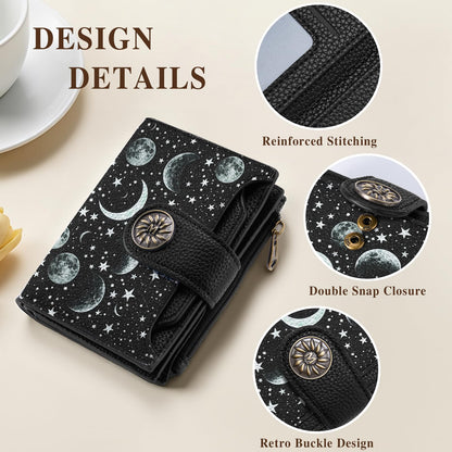 Mayski Celestial Moon Small RFID Wallet Women, PU Leather Bifold Zipper Coin Pocket Compact Cash Credit Card Holder Purse, Cute Travel Wallet for Female Ladies Teen Girls, 4 ID Window 14 Card Slots