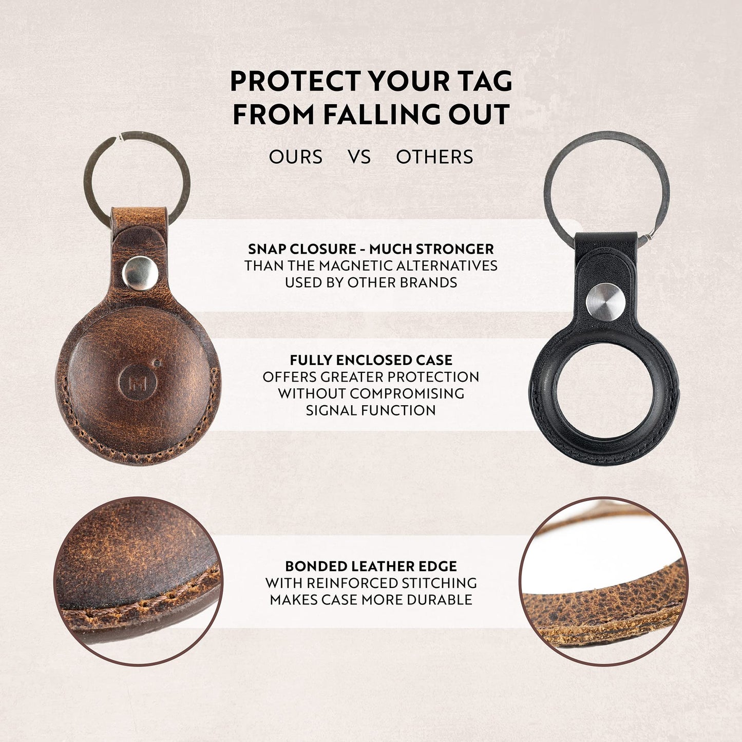moonster Genuine Leather AirTag Keychain Holder for Apple Air Tag, Full-Grain Buffalo Leather AirTag Holder with Key Ring, Reinforced Stitching and Snap Closure (4 Pack)