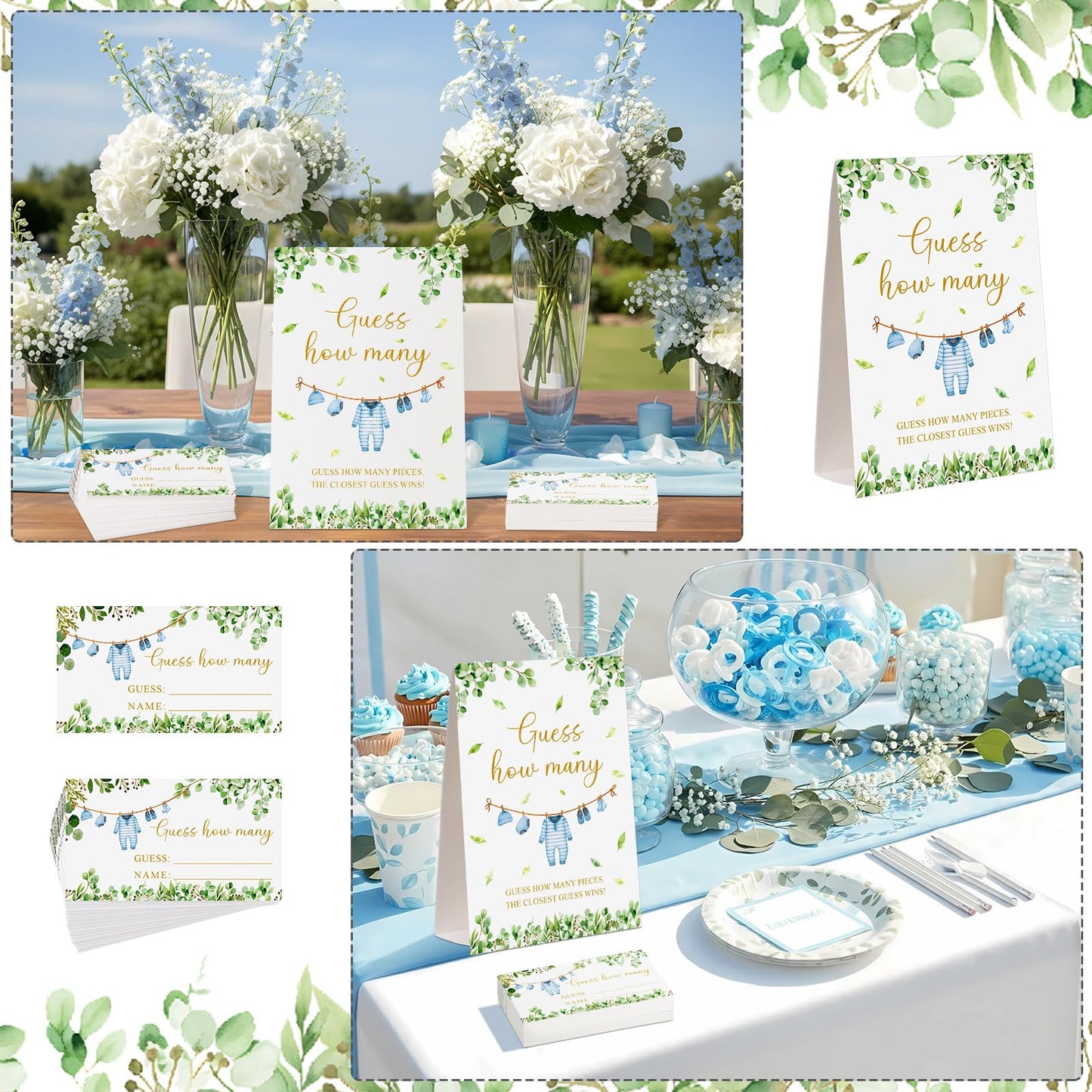 Lerheedi Blue Clothes Guess How Many Baby Shower Game Pack of 1 Tabletop Sign with Stand and 50 How Many Cards, Eucalyptus Gender Reveal Party Game Decorations