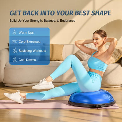 ZELUS 25in. Balance Ball | 600lb Inflatable Half Exercise Ball Wobble Board Balance Trainer w Nonslip Base | Half Yoga Ball Strength Training Equipment w 2 Bands, Pump, Extra Ball Included (Blue)