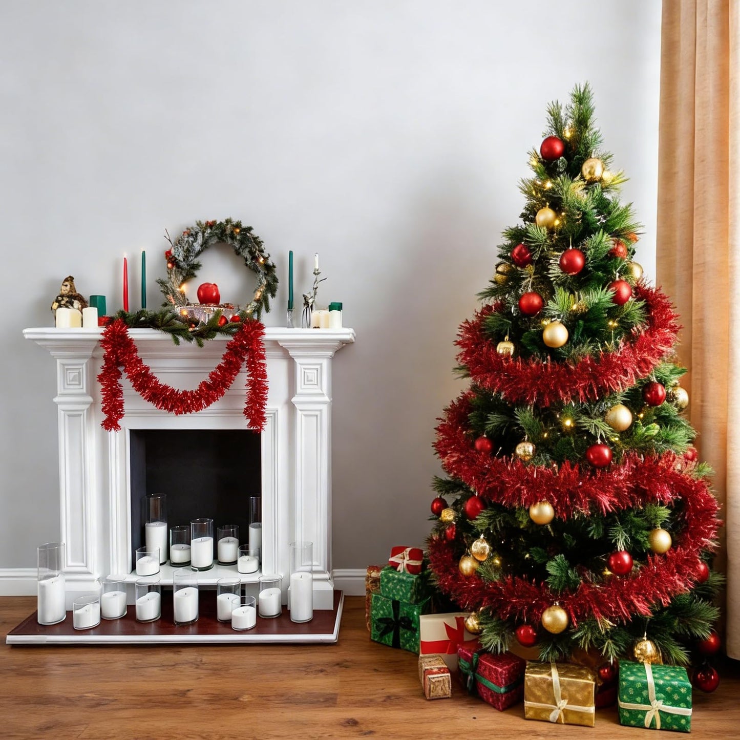FXMHEHBB Thick Fat Red Garland Decorations, 5.12 Inch Width Red Metallic Foil Tinsel Garland for Christmas Tree Home Party Indoor and Outdoor Hanging Decor