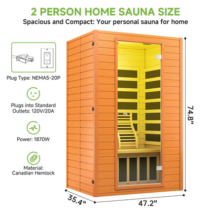 Real Relax Infrared Sauna, 2 Person Low EMF FAR Infrared Saunas for Home, Indoor Personal Canadian Hemlock Wood Sauna with 9 Chromo Therapy Lights, Bluetooth Speakers for Home & Gym Spa