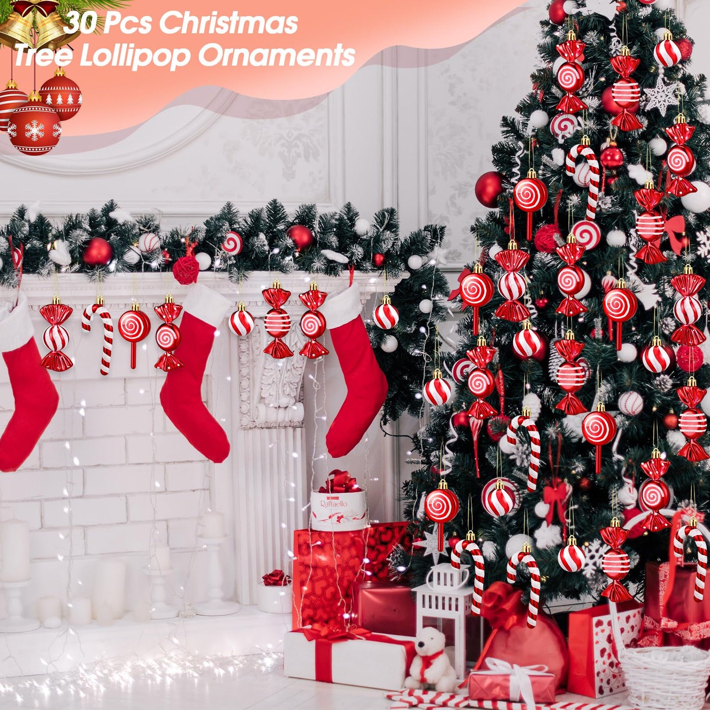 Liliful 30 Pcs Christmas Candy Cane Lollipop Ornaments Set Plastic Holiday Peppermint Candy Home Hanging Ornament Lollipop with Rope for Xmas New Year Party Decor(Red White)
