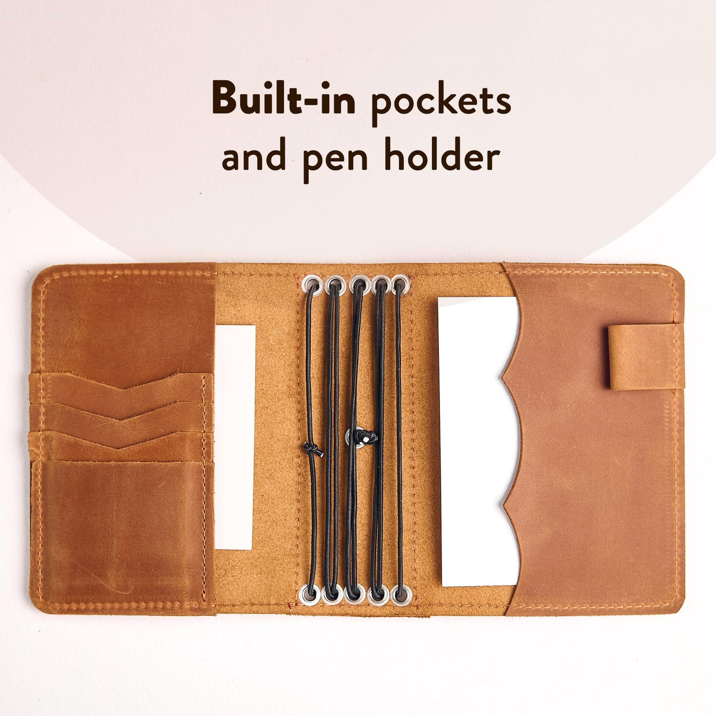 TORAKIP Leather Journal Cover A6 – Handmade Refillable Traveler’s Notebook with 5 Elastic Bands, Pen Holder & Card Pockets, Leather Notebook Case Fits A6 Inserts (Paper Not Included), Caramel Brown