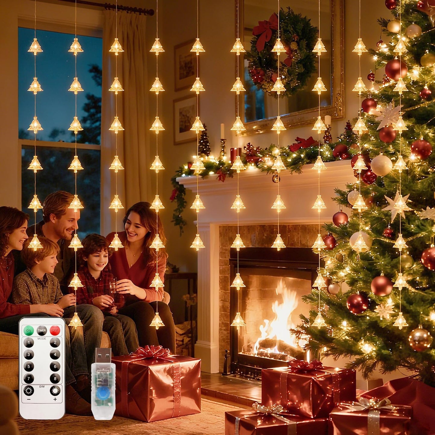 Patioman Christmas Tree Curtain Lights, Warm White Window Lights 70 LEDs Hanging Light with Remote Fairy Led Twinkle String Lights Home Bedroom Wall Ceiling Décor for Christmas, Wedding, Party