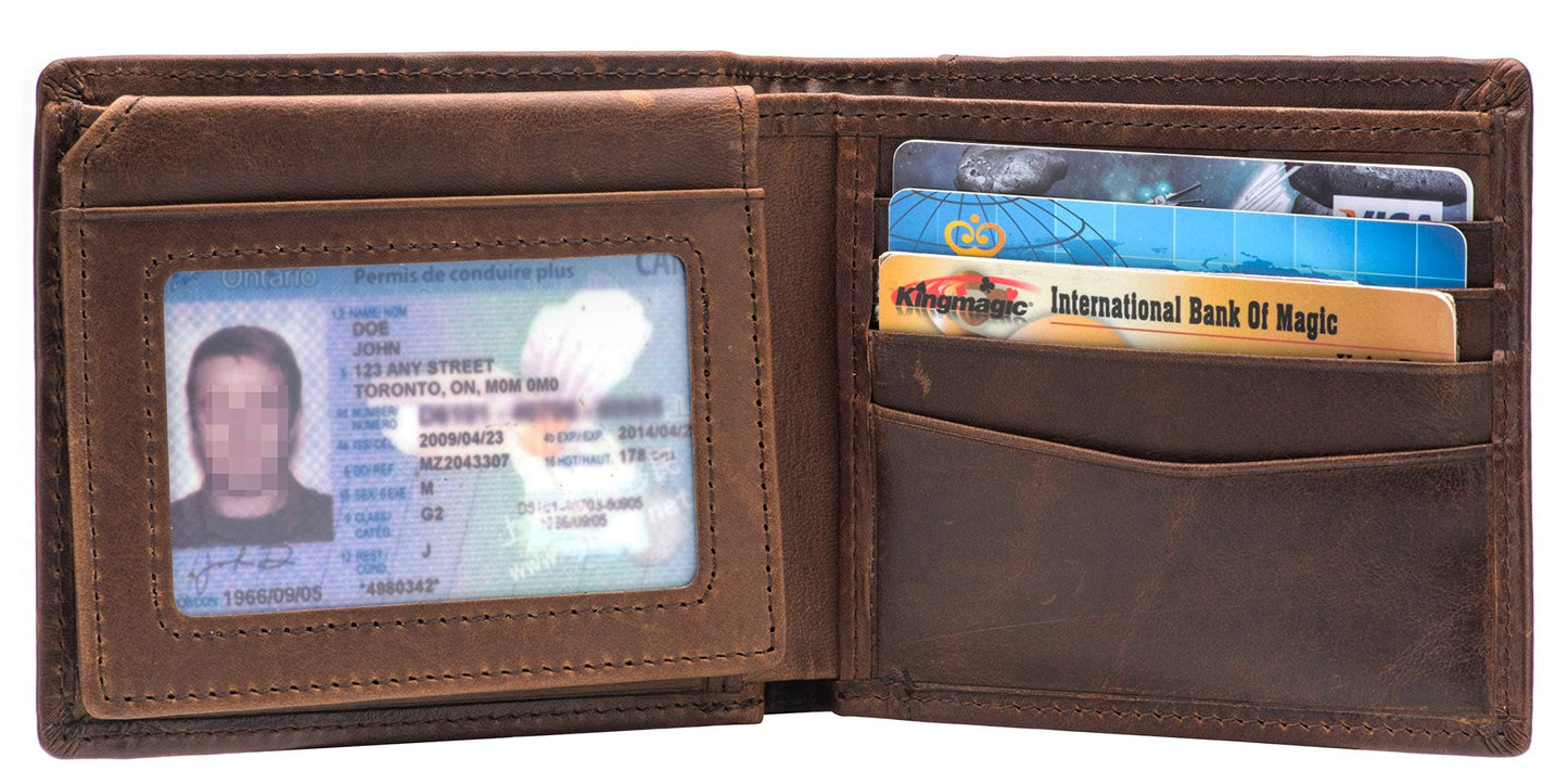 Plinvo Real Leather RFID Blocking Genuine Real Leather Bifold Wallet for Men with Zipper and 2 ID Windows (Brown)