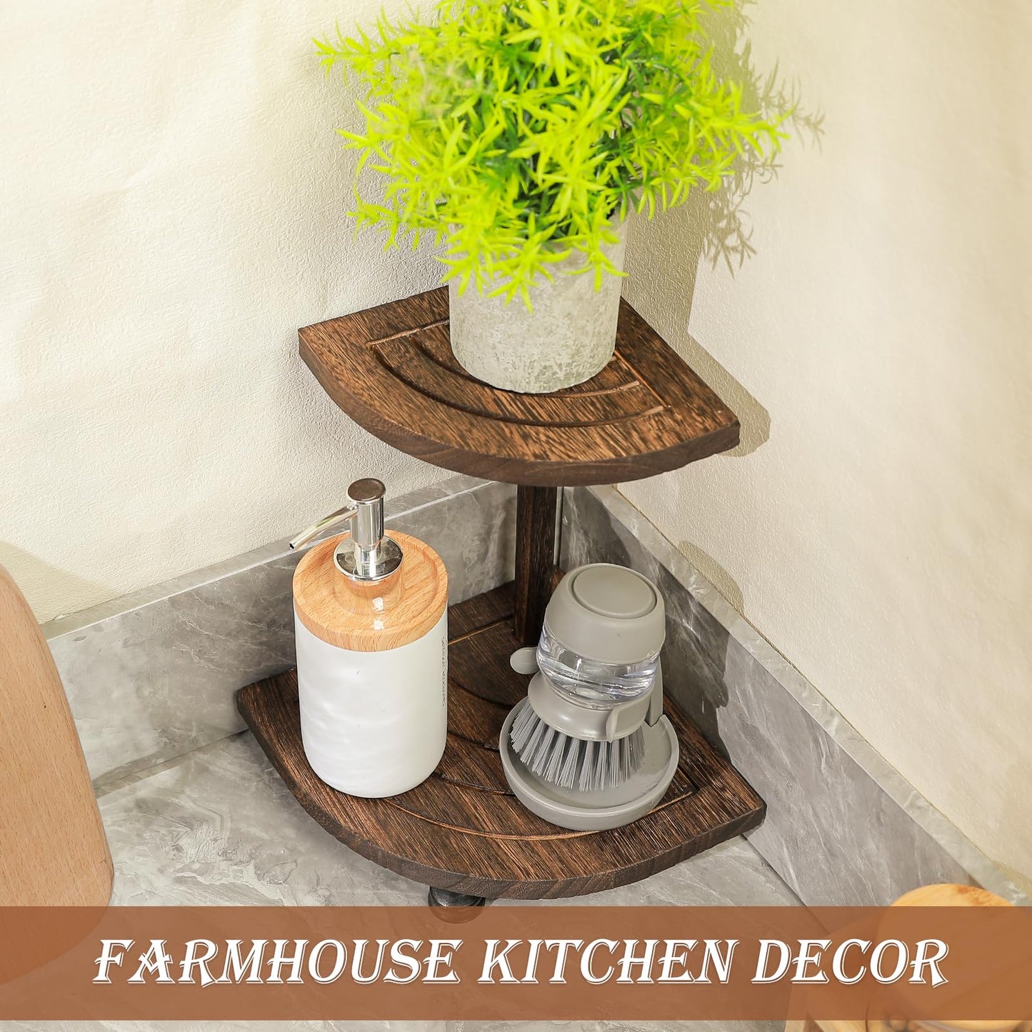 Tikea Decorative Wood Riser for Display, 2-Tier Rustic Corner Shelf for Kitchen Bathroom Counter Decor, Farmhouse Riser for Soap Dispenser and Plant (Brown)