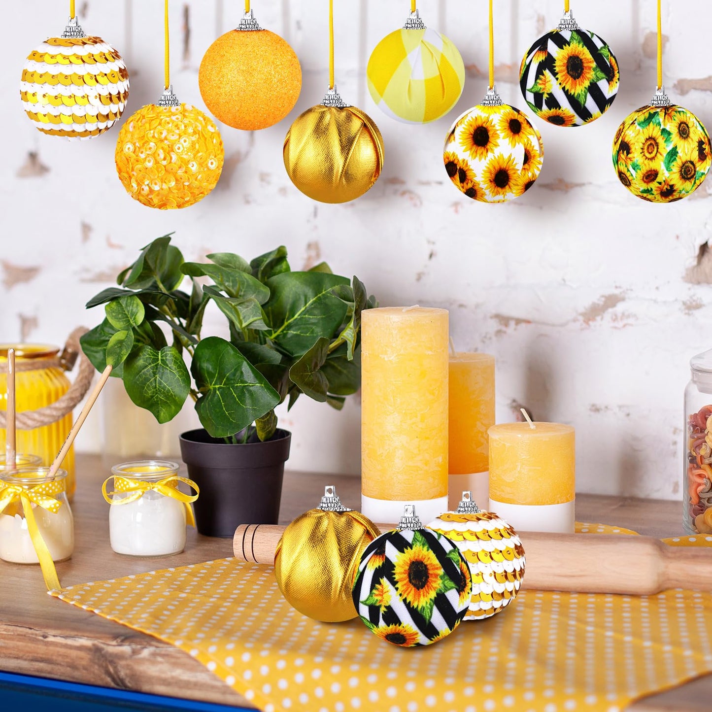 Zeyune 16 Pcs Summer Tree Ornaments Christmas in July Sunflower Hanging Decorations for Small Tree, Yellow Hanging Sequin Ball Ornaments with Ropes, Beach Luau Hawaiian Holiday Party Supplies(Fresh)
