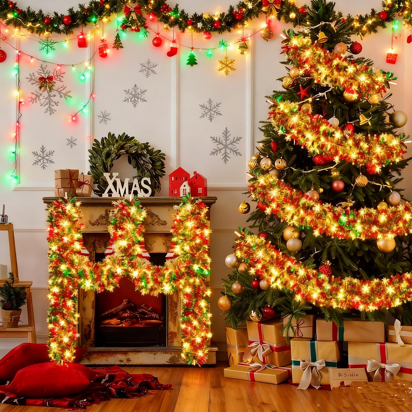 LKBBC Christmas Tinsel Garland with Light, 50 FT Metallic Tinsel Twist Garland Shiny Hanging Decor for Home Window Fireplace Indoor Outdoor, Xmas Ornaments Christmas Tree Decoration,Green Red
