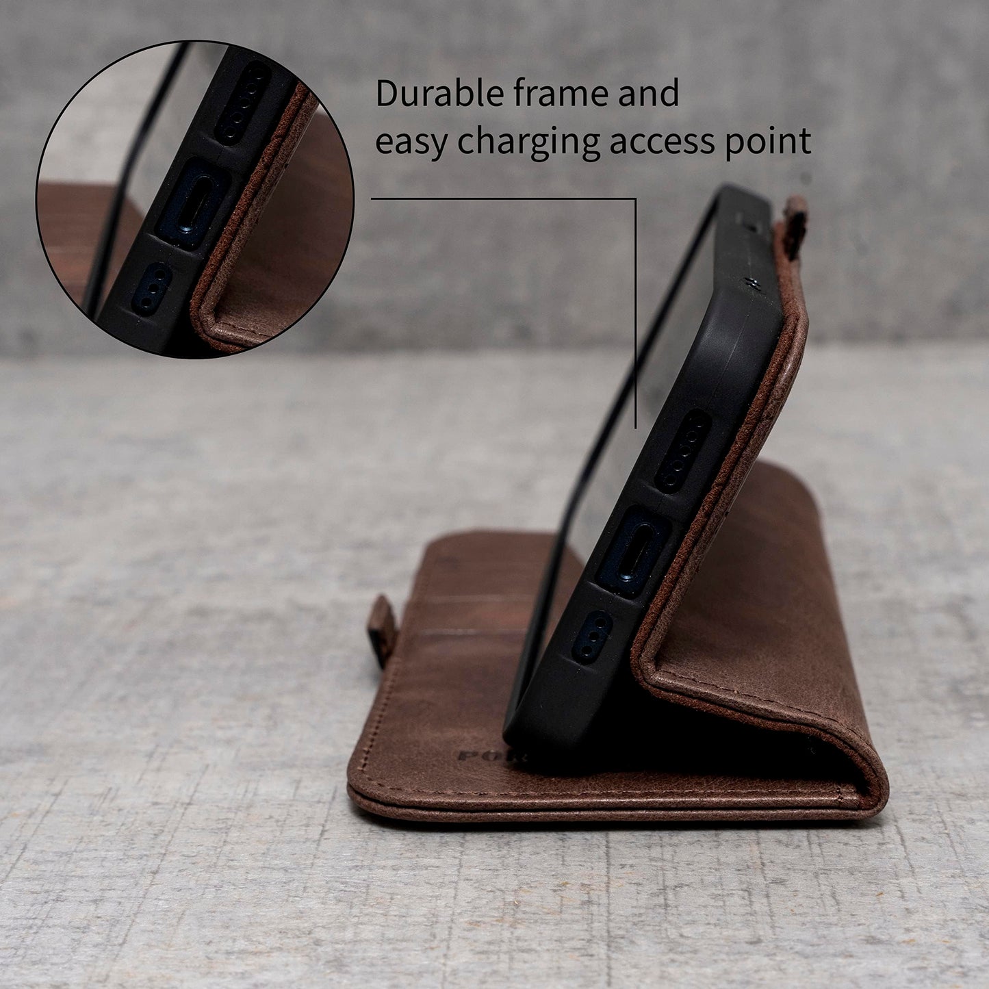 Porter Riley - Leather Case Compatible with iPhone 17 Pro Max. Premium Genuine Leather Stand/Cover/Wallet/Flip Case with Card Slots & Horizontal Stand (Chocolate Brown)