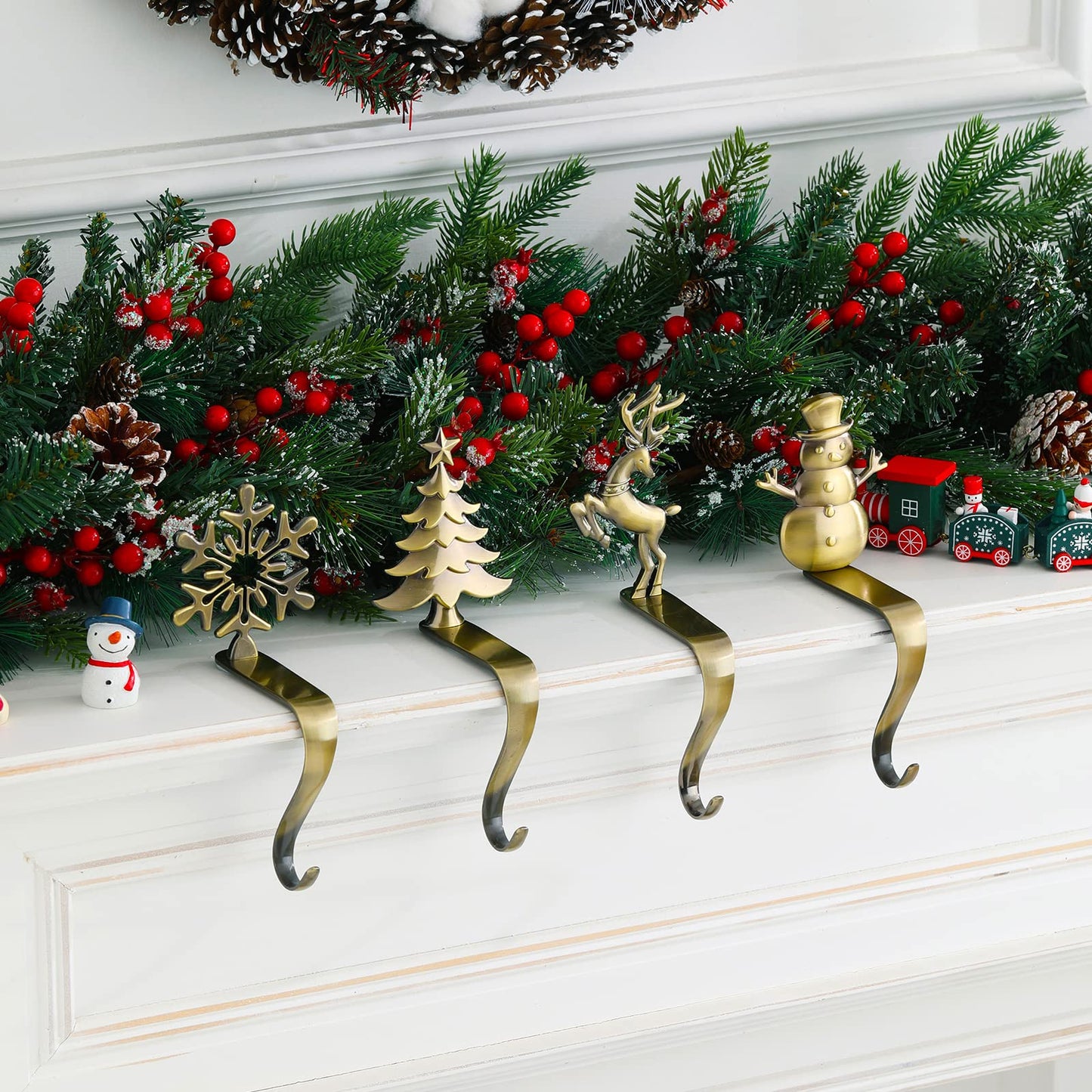NIGHT-GRING Christmas Stocking Holder - Set of 4 Stocking Hangers Snowman Santa Snowflakes Christmas Tree Deer Stocking Hooks for Fireplace, Shelf, Staircases