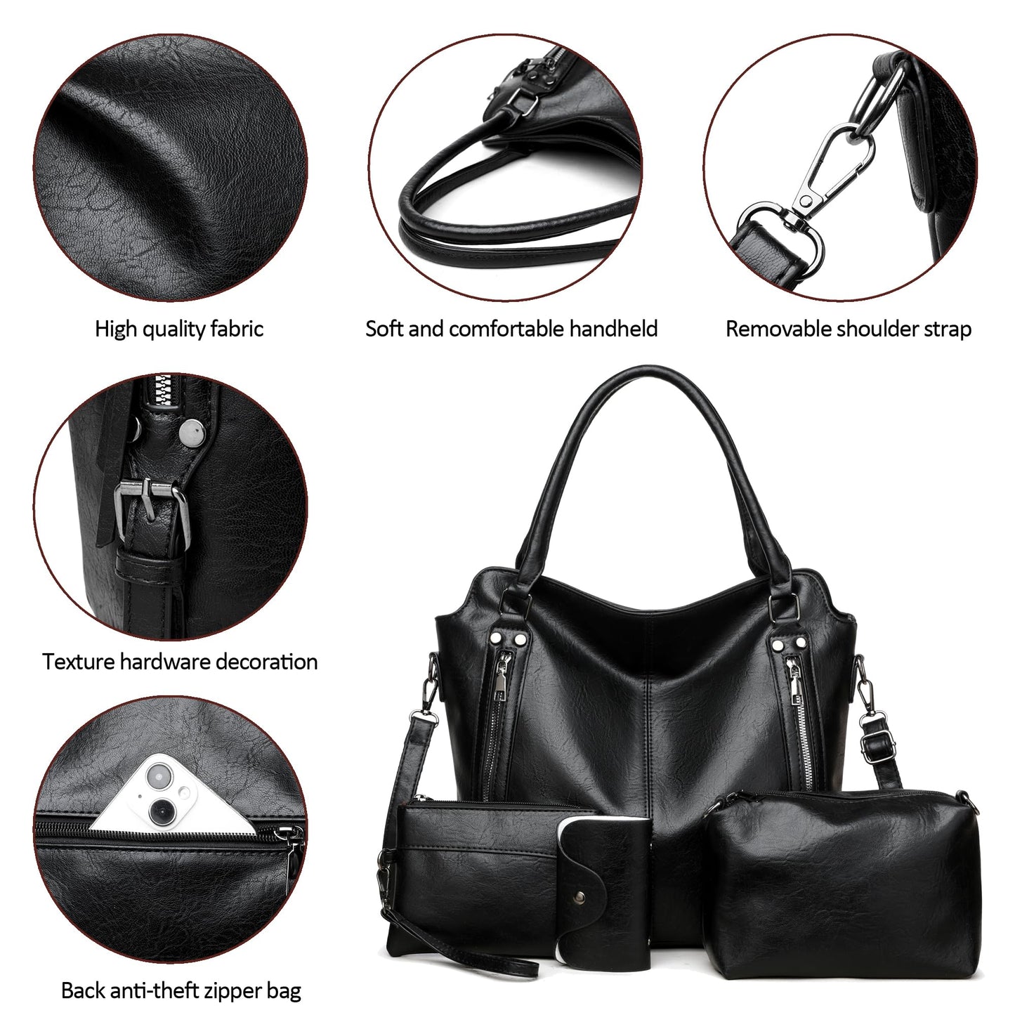 2E-youth Purses for Women Large Tote Women's Handbag Set Faux Leather Hobo Crossbody Bag 4pcs (1A-Black)