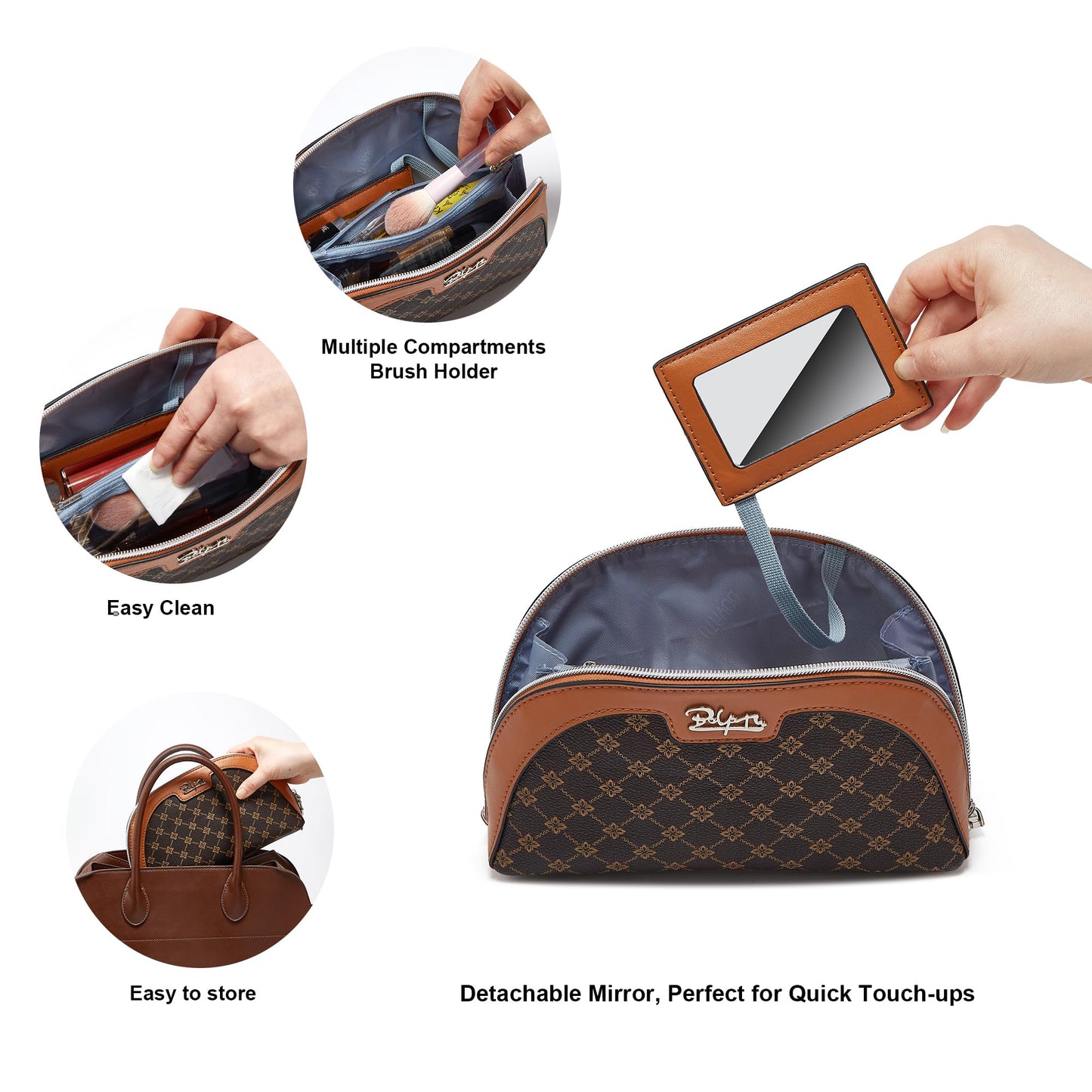 BOYATU Vegan Leather Cosmetic Bag: Refined Pattern Pouch with Built-In Tethered Pull-Out Mirror - Quick Touch-Ups Anywhere - Compact&Lightweight Easy to Carry(010-coffee)