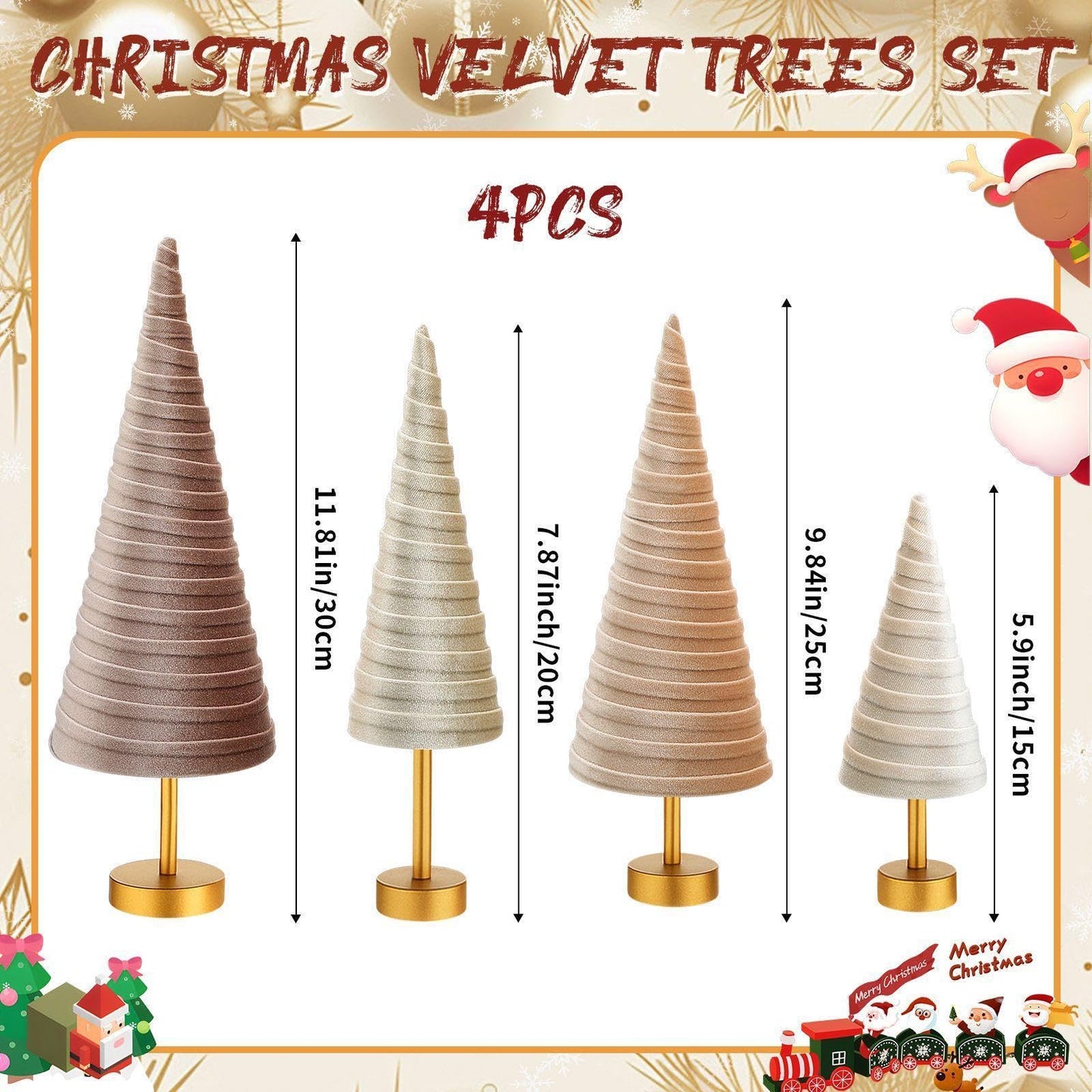 Hoolerry 4 Pcs Christmas Velvet Trees with Gold Pedestal Modern Rustic Christmas Velvet Cone Trees Minimalist for Mantel Table Centerpiece Entryway Home Winter Holiday Wedding Decor(Nude Tone)