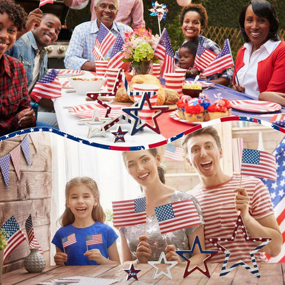 Funnymoom 4 Pcs Patriotic Table Decorations Centerpieces 4th of July Star Wooden Signs Rustic Double-sided Independence Day Red White Blue Stars for Tiered Tray Mantle Kitchen Shelf Memorial Day Decor