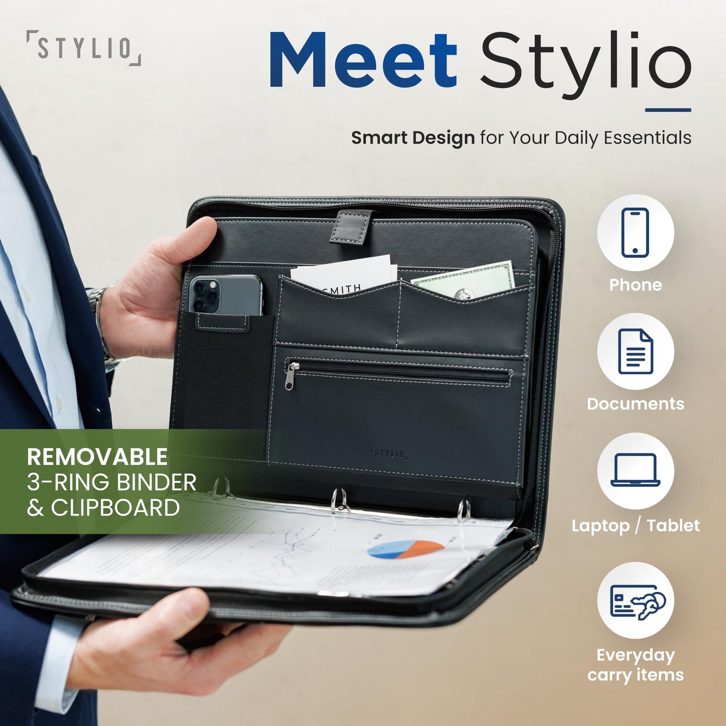 STYLIO Zipper Portfolio Binder with Carrying Handle | Removable 3-Ring Binder (1") w/Clipboard Padfolio | Organizer for Documents, iPad, Tablet, Phone, Notebook| Business Leather Folio for Men Women