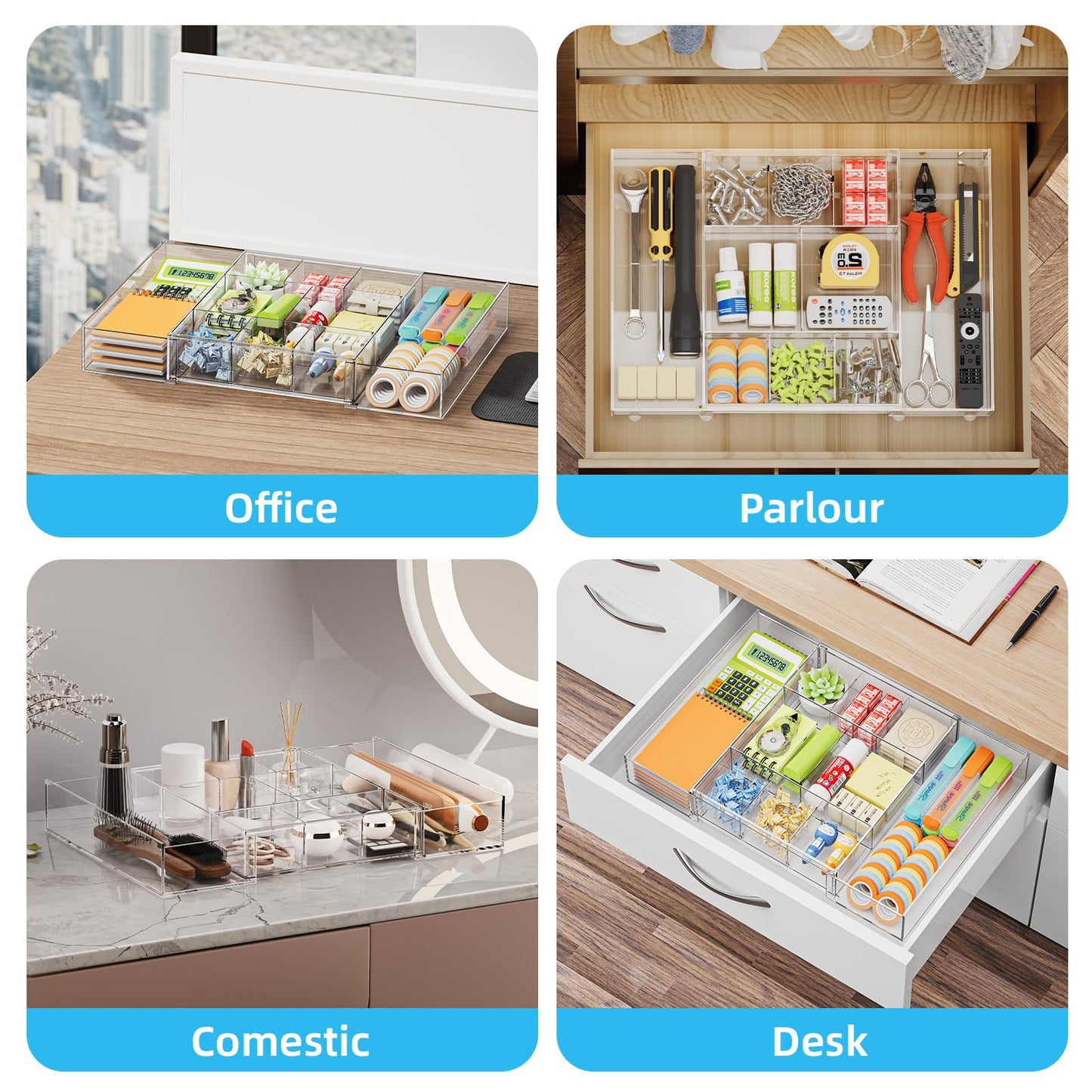 Marbrasse Expandable Desk Drawer Organizer, Clear Plastic Drawer Organizer Tray with 10 Adjustable Compartments, Desk Organizers and Accessories, 5 Drawer Dividers for Office Supplies, Makeup(Clear)