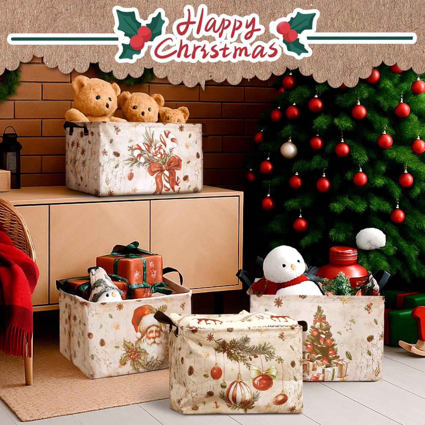 Bulyoou 4pcs Christmas Storage Basket Fabric Laundry Baskets with Handle Xmas Foldable Organizer Boxes for Office Home Baby Cloth Toy Book 15 x 10 x 8(Snowman)