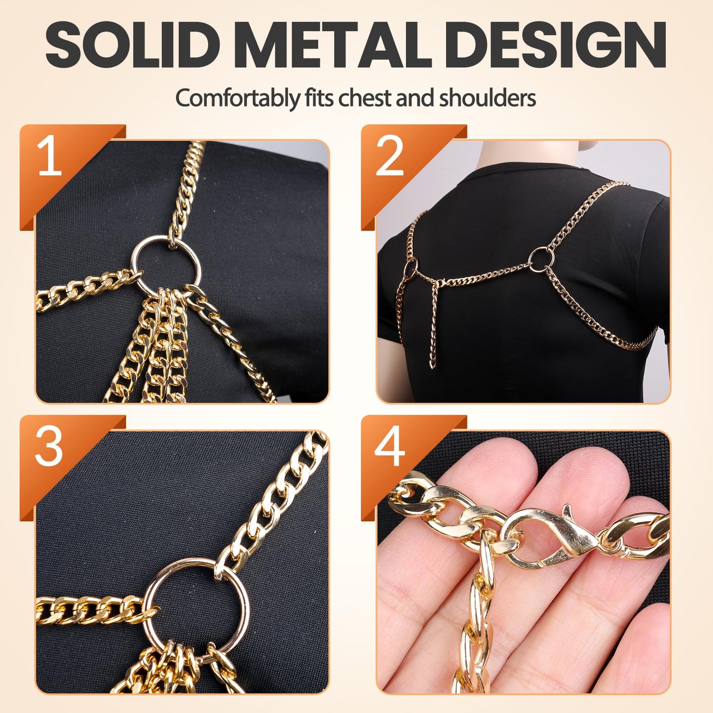 RTeczSolve Men's Chest Harness Chain Costume, Body Harness Belt for Men, Male Chest Harness Fashion Uniform for Cosplay Party (Gold)